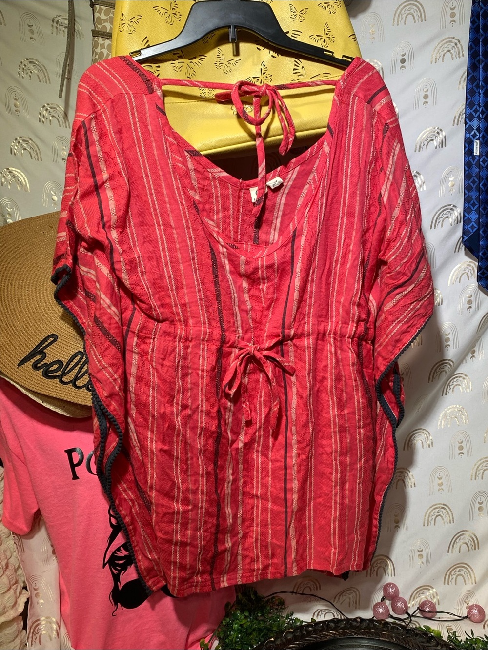 Lagaci Red Striped Tie-Waist Tunic with Contrast Trim